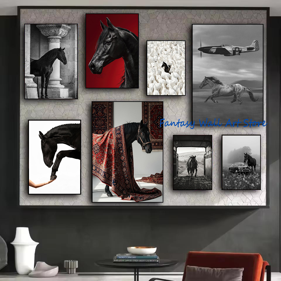 Luxury Lifestyle Pictures - Zwart paard foto's vintage luxe muurkunst